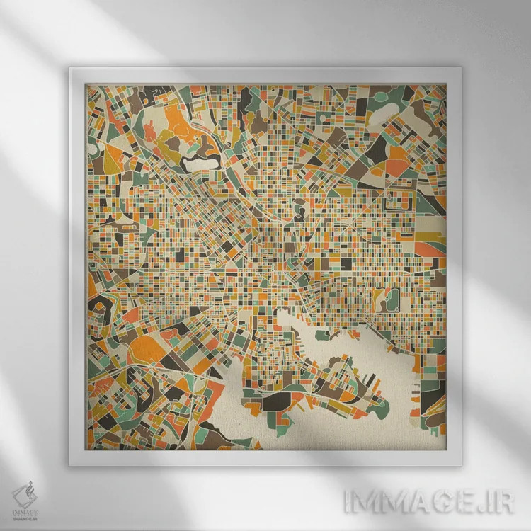تابلو نقشه انتزاعی شهر بالتیمور اثر جازبری بلو (هنرمند مدرن/برند هنری) - نمای قابدار سفید