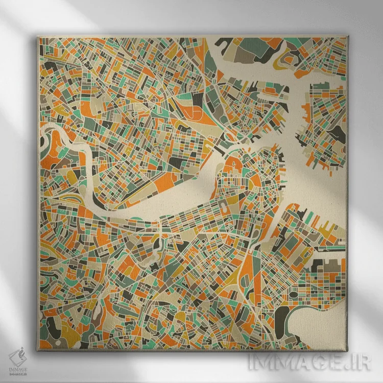 تابلو نقشه انتزاعی شهر بوستون اثر جازبری بلو (هنرمند مدرن/برند هنری) - نمای روبهرو روی دیوار