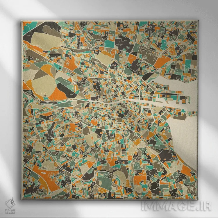 تابلو نقشه انتزاعی شهر دوبلین اثر جازبری بلو (هنرمند مدرن/برند هنری) - نمای روبهرو روی دیوار