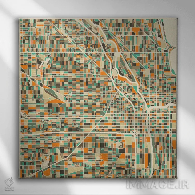 تابلو نقشه انتزاعی شهر شیکاگو اثر جازبری بلو (هنرمند مدرن/برند هنری) - نمای روبهرو روی دیوار