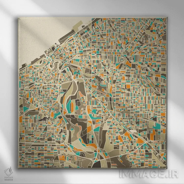 تابلو نقشه انتزاعی شهر کلیولند اثر جازبری بلو (هنرمند مدرن/برند هنری) - نمای روبهرو روی دیوار