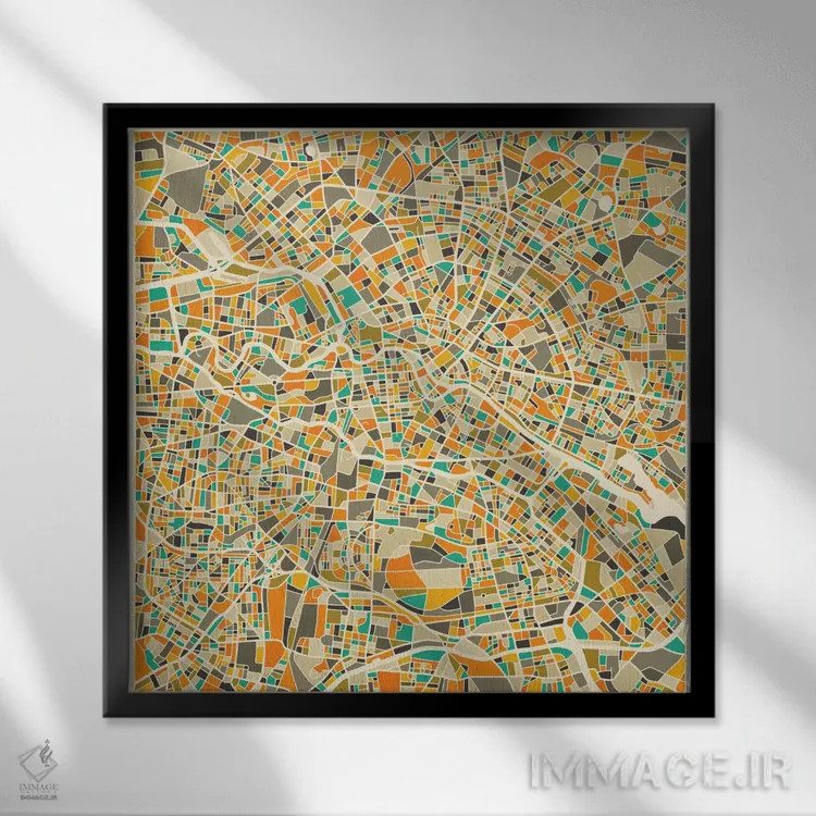 تابلو نقشه انتزاعی شهر برلین اثر جازبری بلو (هنرمند مدرن/برند هنری) - نمای قابدار مشکی