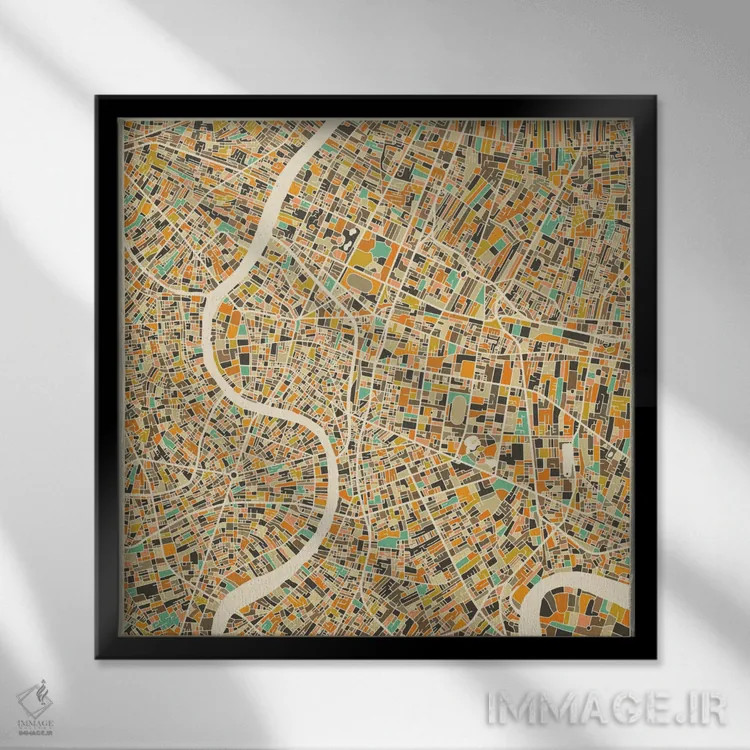تابلو نقشه انتزاعی شهر بانکوک اثر جازبری بلو (هنرمند مدرن/برند هنری) - نمای قابدار مشکی