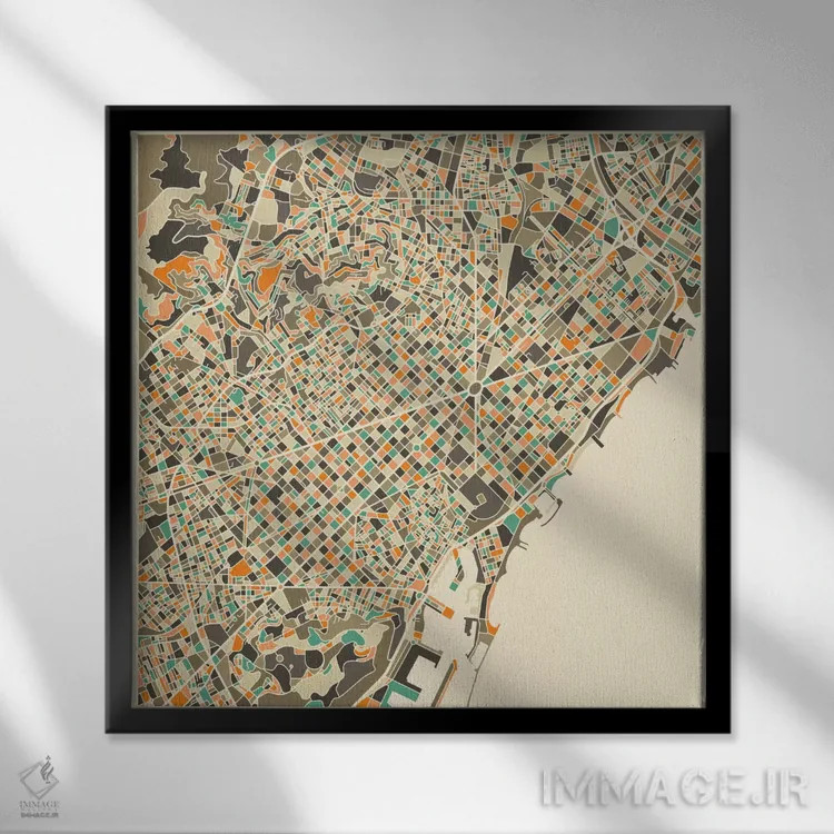 تابلو نقشه انتزاعی شهر بارسلونا اثر جازبری بلو (هنرمند مدرن/برند هنری) - نمای قابدار مشکی