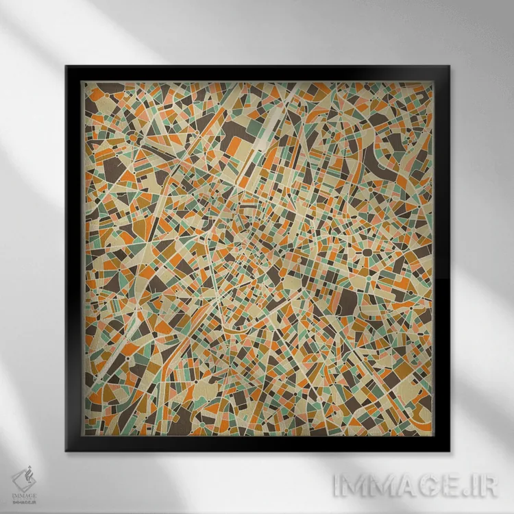 تابلو نقشه انتزاعی شهر بروکسل اثر جازبری بلو (هنرمند مدرن/برند هنری) - نمای قابدار مشکی