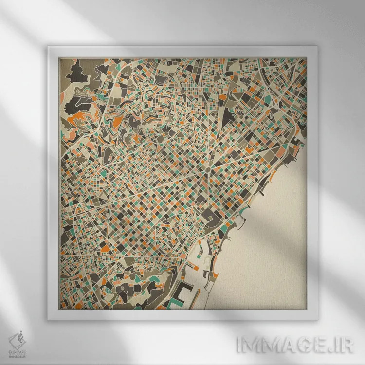 تابلو نقشه انتزاعی شهر بارسلونا اثر جازبری بلو (هنرمند مدرن/برند هنری) - نمای قابدار سفید