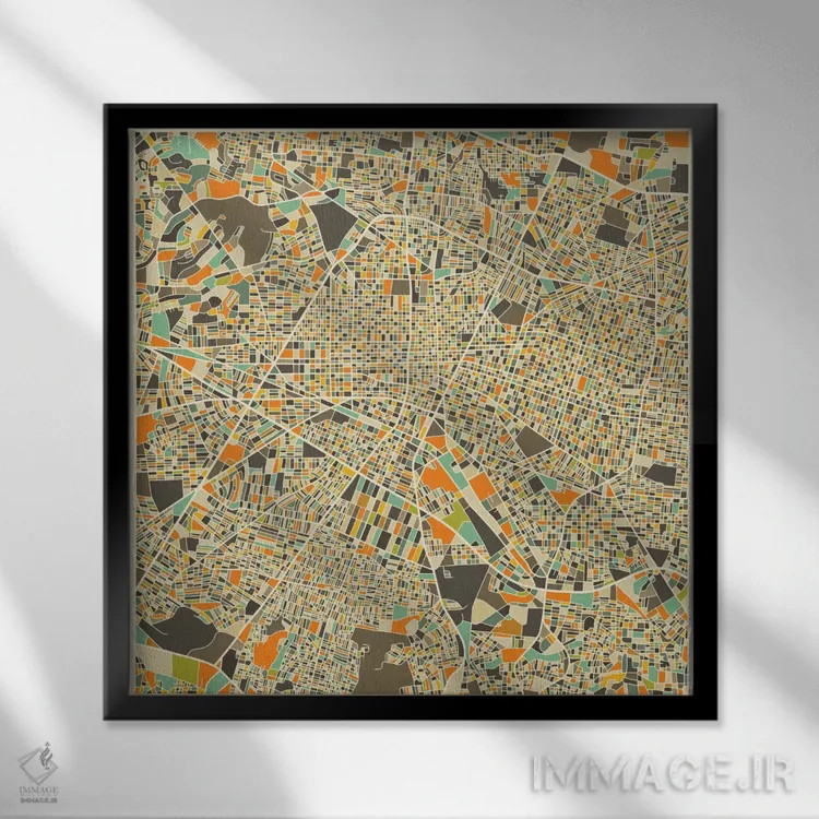 تابلو نقشه انتزاعی شهر گوادالاخارا اثر جازبری بلو (هنرمند مدرن/برند هنری) - نمای قابدار مشکی