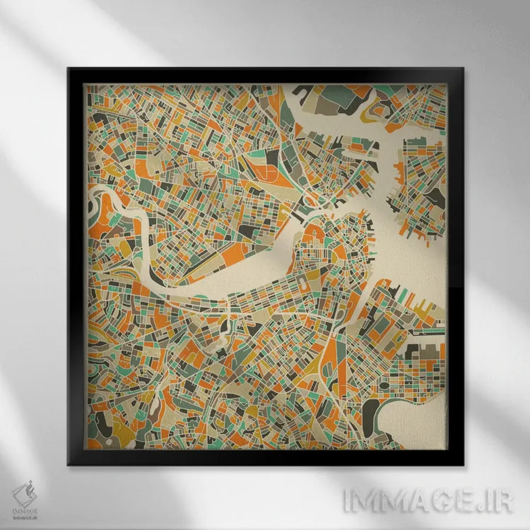 تابلو نقشه انتزاعی شهر بوستون اثر جازبری بلو (هنرمند مدرن/برند هنری) - نمای قابدار مشکی