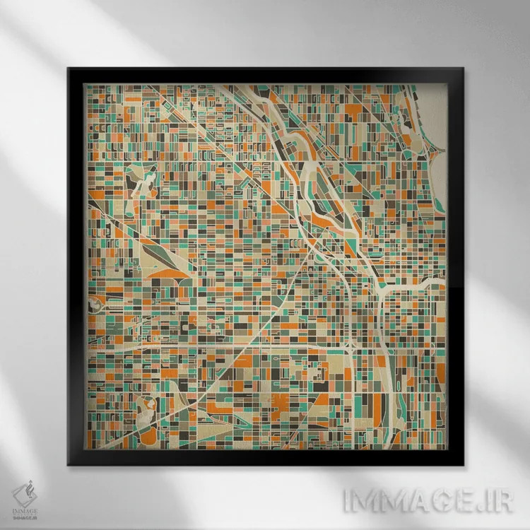 تابلو نقشه انتزاعی شهر شیکاگو اثر جازبری بلو (هنرمند مدرن/برند هنری) - نمای قابدار مشکی