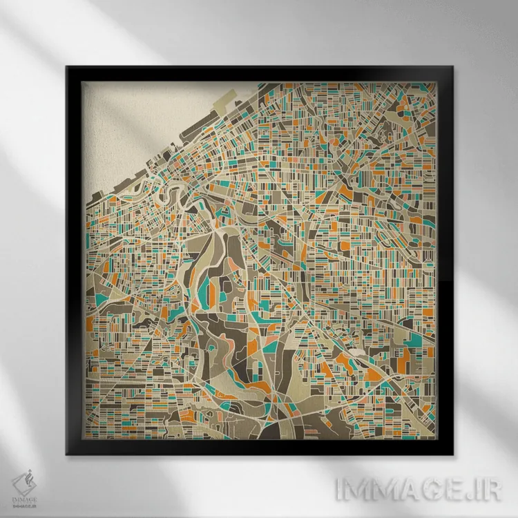 تابلو نقشه انتزاعی شهر کلیولند اثر جازبری بلو (هنرمند مدرن/برند هنری) - نمای قابدار مشکی