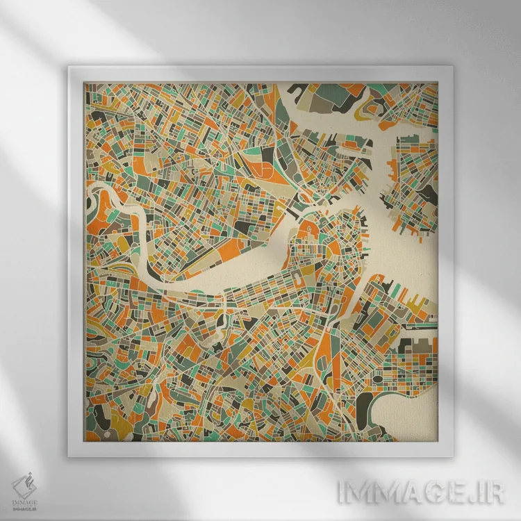 تابلو نقشه انتزاعی شهر بوستون اثر جازبری بلو (هنرمند مدرن/برند هنری) - نمای قابدار سفید