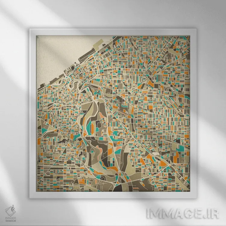 تابلو نقشه انتزاعی شهر کلیولند اثر جازبری بلو (هنرمند مدرن/برند هنری) - نمای قابدار سفید