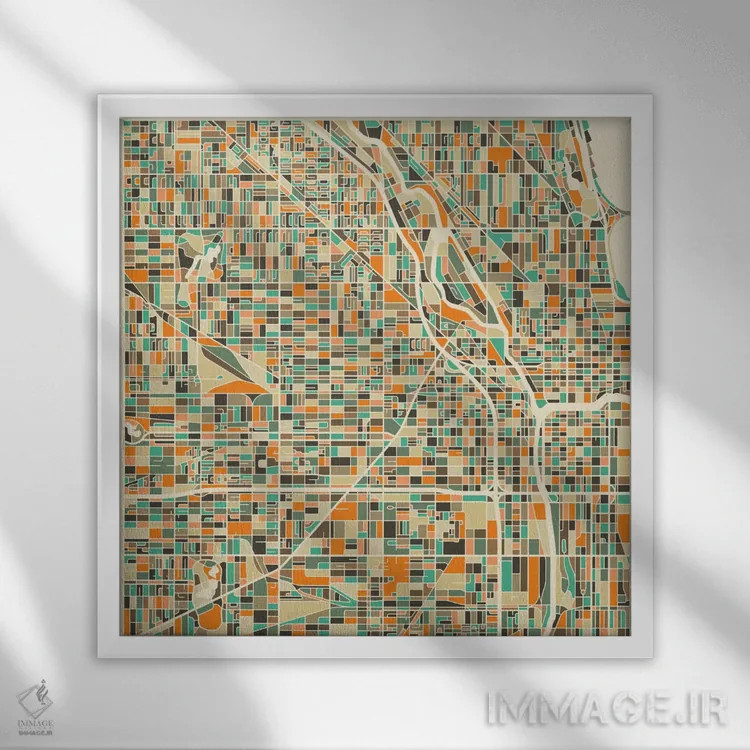 تابلو نقشه انتزاعی شهر شیکاگو اثر جازبری بلو (هنرمند مدرن/برند هنری) - نمای قابدار سفید