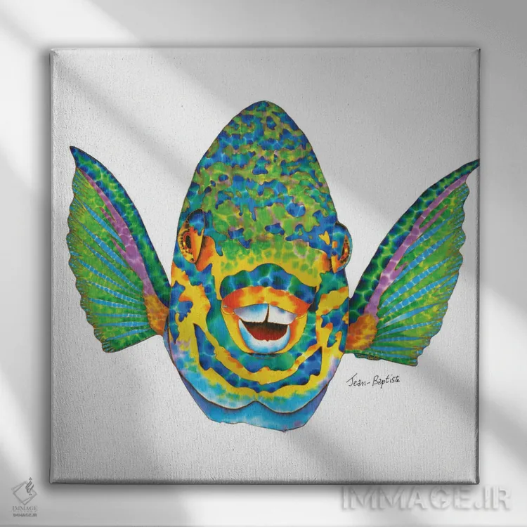 تابلو طوطیماهی در پسزمینهٔ سفید اثر دنیل ژان-باپتیست - نمای روبهرو روی دیوار