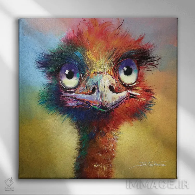 تابلو شترمرغ استرالیایی رنگارنگ اثر ژوس کوفرر - نمای روبهرو روی دیوار