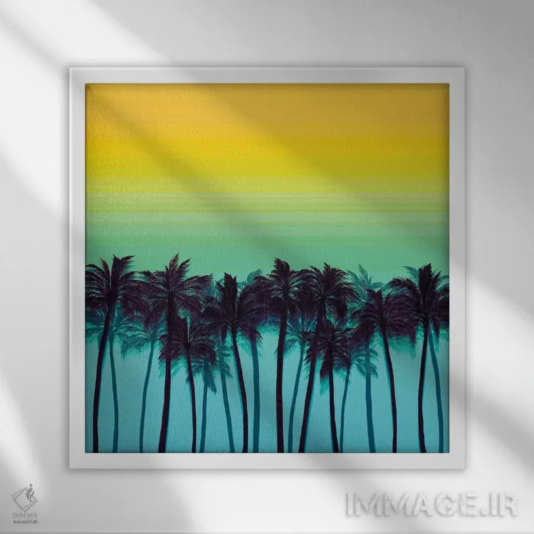 تابلو درختان نخل ساحلی ۱ (پررنگ) اثر جولیا دیسانو - نمای قابدار سفید