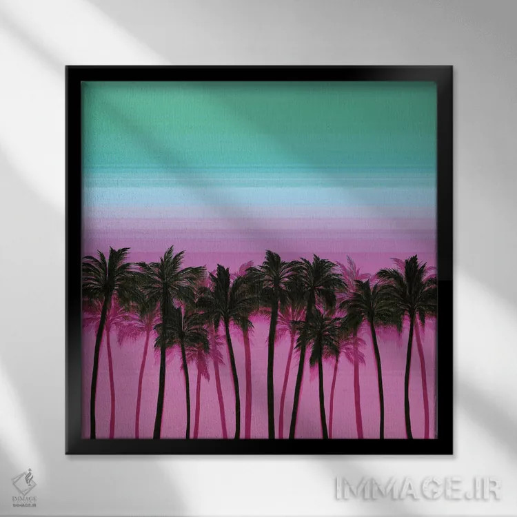 تابلو درختان نخل ساحلی ۳ (پررنگ) اثر جولیا دیسانو - نمای قابدار مشکی