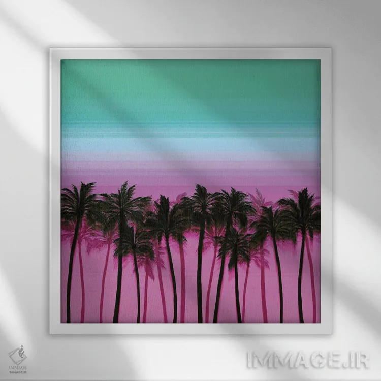 تابلو درختان نخل ساحلی ۳ (پررنگ) اثر جولیا دیسانو - نمای قابدار سفید