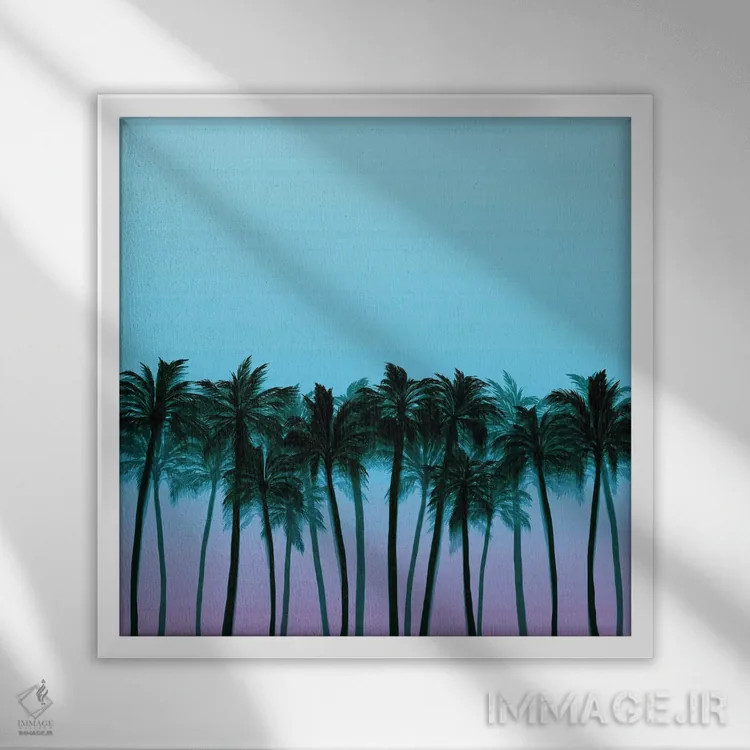 تابلو درختان نخل ساحلی ۸ (پررنگ) اثر جولیا دیسانو - نمای قابدار سفید