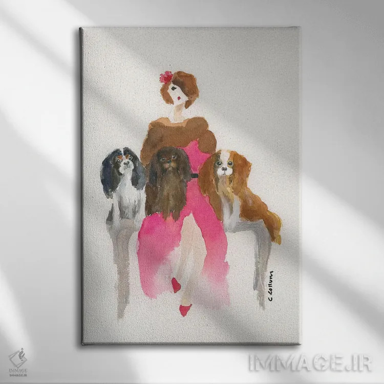 تابلو بانوی کاوالیِر صورتیپوش (نوع سگ) - نمای روبهرو روی دیوار