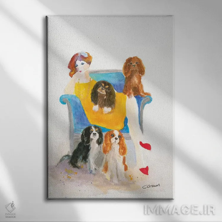 تابلو بانوی کاوالیِر روی صندلی آبی (نوع سگ) - نمای روبهرو روی دیوار