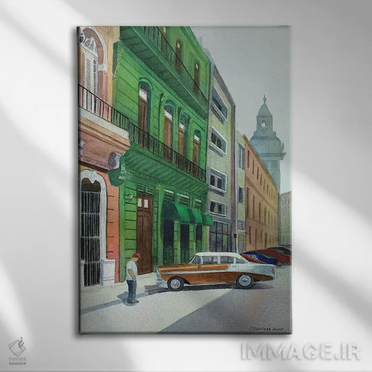 تابلو بل ایر در هاوانا (ماشین کلاسیک آمریکایی در کوبا) - نمای روبهرو روی دیوار