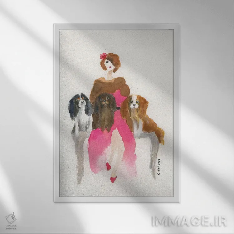 تابلو بانوی کاوالیِر صورتیپوش (نوع سگ) - نمای قابدار سفید