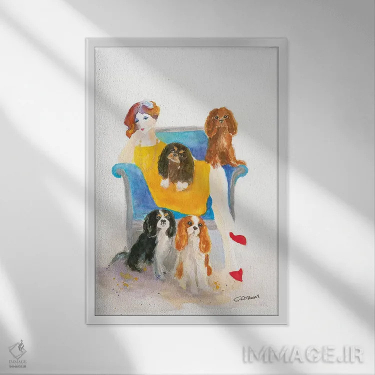 تابلو بانوی کاوالیِر روی صندلی آبی (نوع سگ) - نمای قابدار سفید