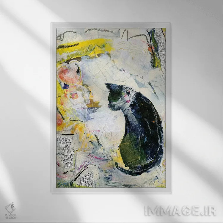 تابلو گربهٔ سیاه بهصورت انتزاعی - نمای قابدار سفید