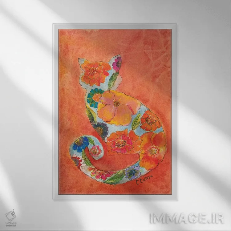 تابلو گربهٔ فِلور (گل) - نمای قابدار سفید