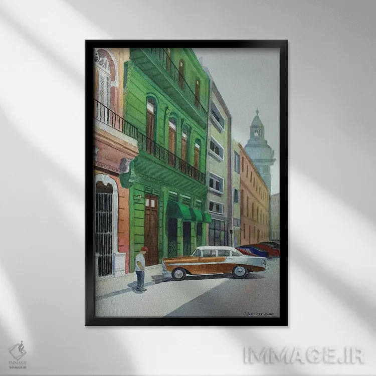 تابلو بل ایر در هاوانا (ماشین کلاسیک آمریکایی در کوبا) - نمای قابدار مشکی