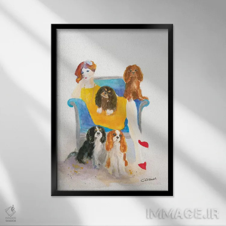 تابلو بانوی کاوالیِر روی صندلی آبی (نوع سگ) - نمای قابدار مشکی