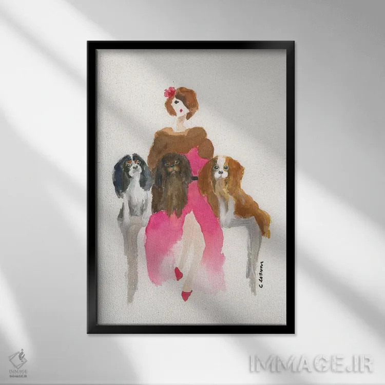 تابلو بانوی کاوالیِر صورتیپوش (نوع سگ) - نمای قابدار مشکی