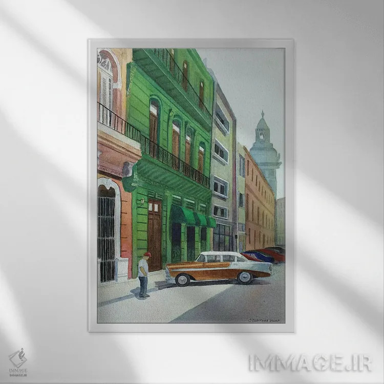 تابلو بل ایر در هاوانا (ماشین کلاسیک آمریکایی در کوبا) - نمای قابدار سفید