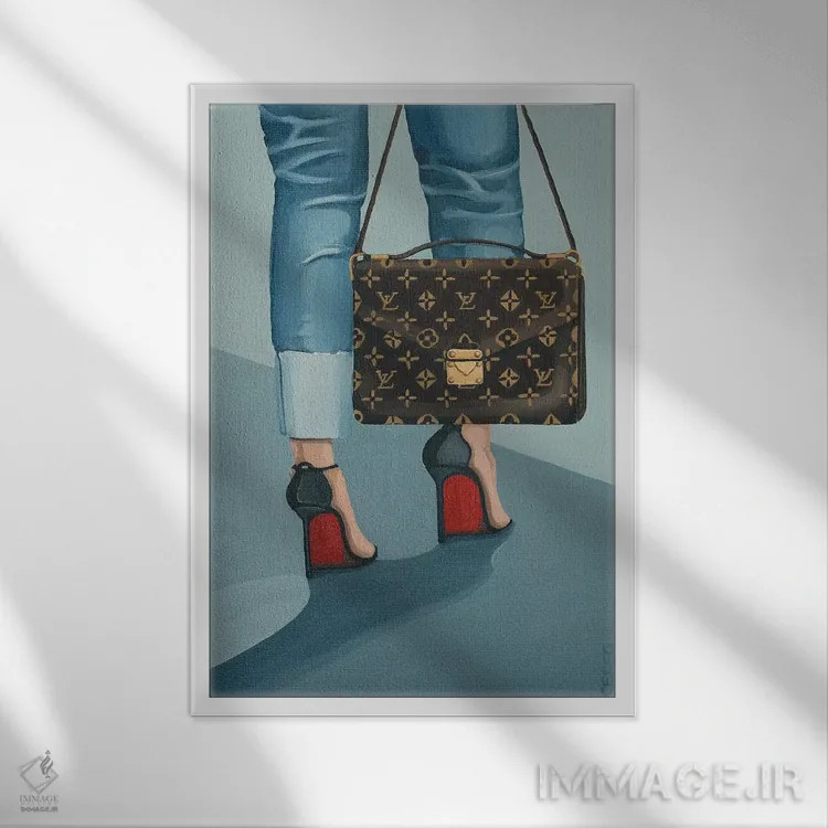 تابلو دکوراتیو کیف لویی ویتون و کفش لابوتن اثر سیسی گیدی - نمای قابدار سفید