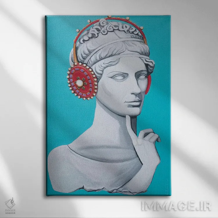 تابلو دکوراتیو سر یونانی-رومی با هدفون اثر سیسی گیدی - نمای روبهرو روی دیوار