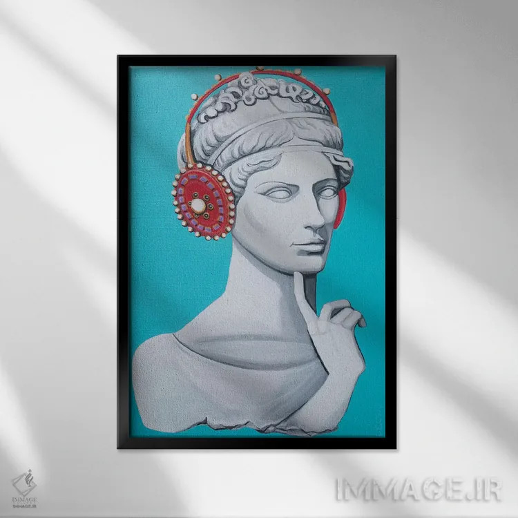 تابلو دکوراتیو سر یونانی-رومی با هدفون اثر سیسی گیدی - نمای قابدار مشکی