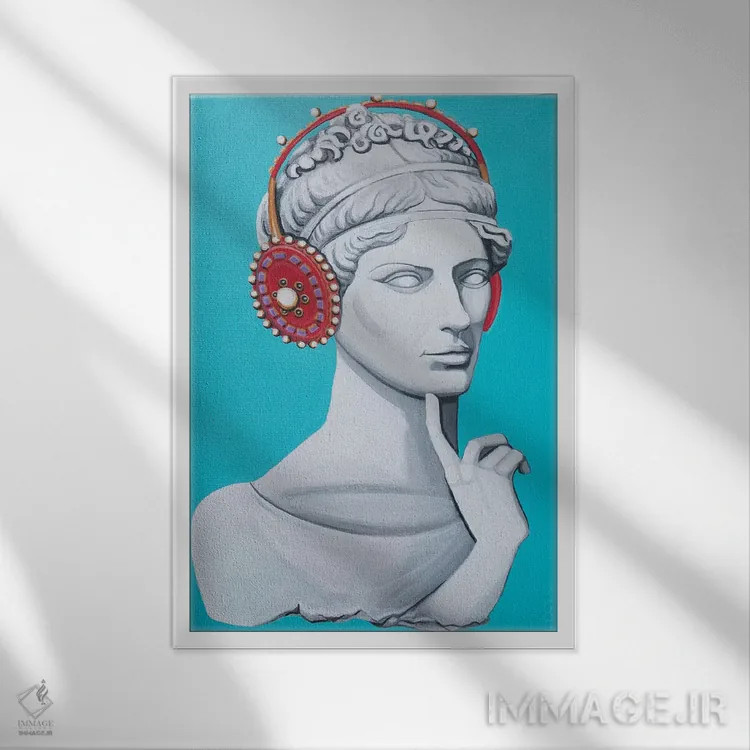 تابلو دکوراتیو سر یونانی-رومی با هدفون اثر سیسی گیدی - نمای قابدار سفید