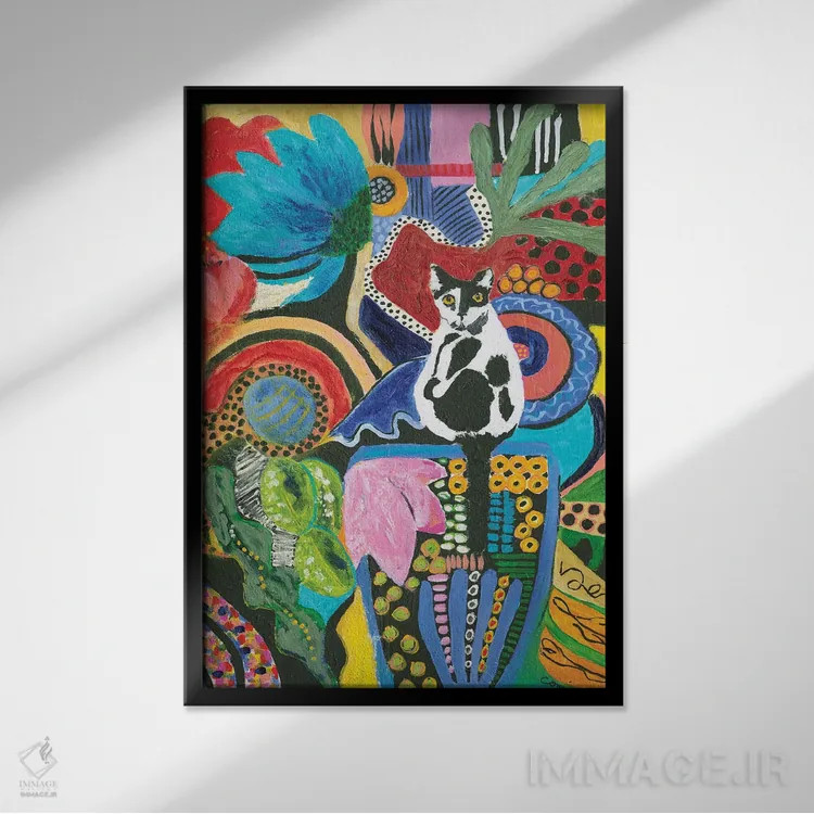 تابلو انتزاعی هم نشینی گربه موو اثر کانی کالم - نمای قابدار مشکی