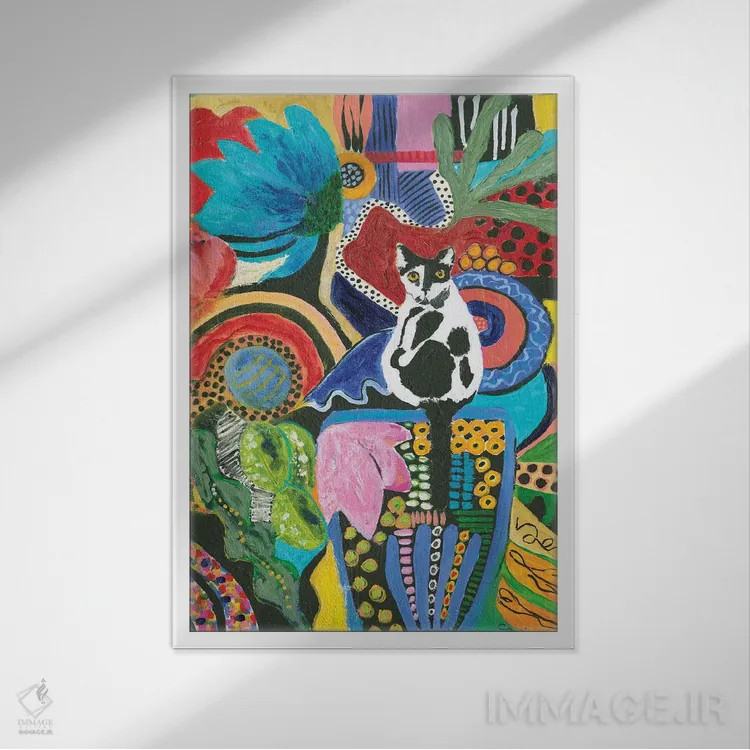 تابلو انتزاعی هم نشینی گربه موو اثر کانی کالم - نمای قابدار سفید