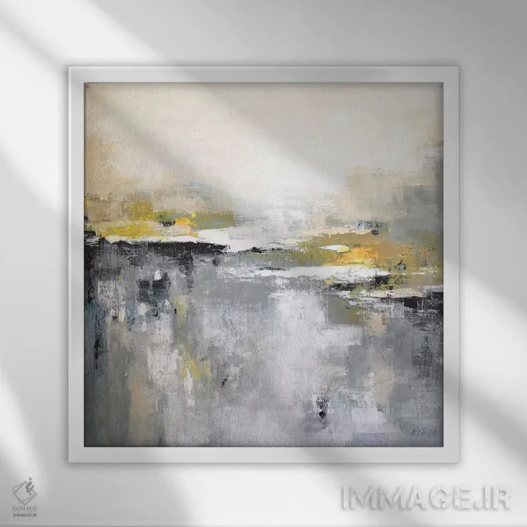 تابلو دکوراتیو هارمونی در خاکستری و زرد اثر رباورهاا کریستوا - نمای قابدار سفید