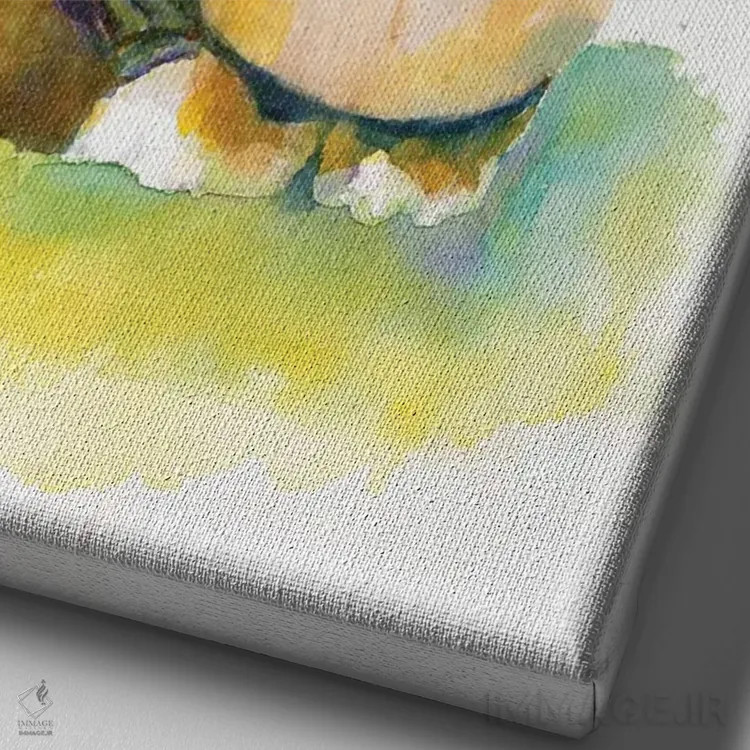 تابلو دکوراتیو اسفینکس روی بالشت زرد اثر کانی کالم - نمای نزدیک بافت بوم