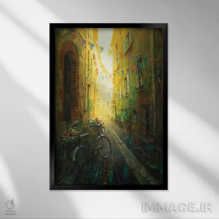 تابلو دکوراتیو خیابان فرانسوی با دوچرخه اثر کریستوفر کلارک - نمای قابدار مشکی