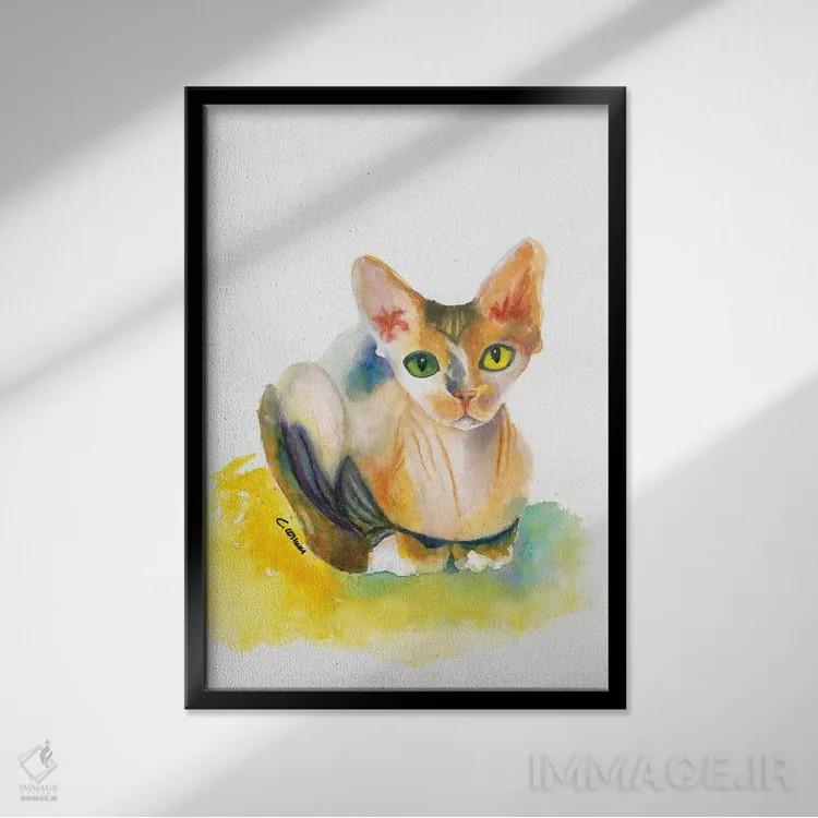 تابلو دکوراتیو اسفینکس روی بالشت زرد اثر کانی کالم - نمای قابدار مشکی