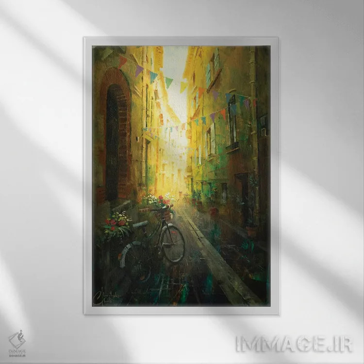 تابلو دکوراتیو خیابان فرانسوی با دوچرخه اثر کریستوفر کلارک - نمای قابدار سفید