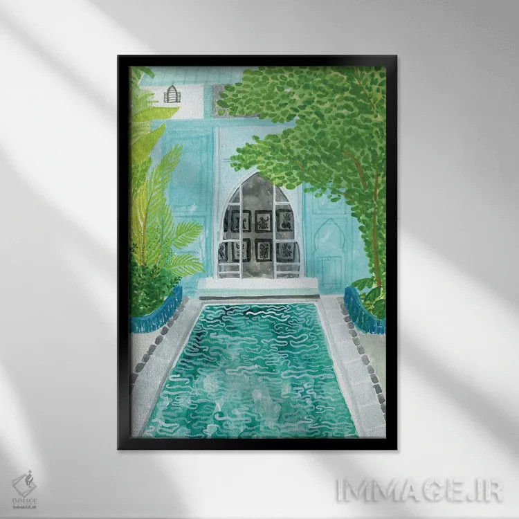 تابلو دکوراتیو ریاض آبی اثر کارولین چسیا - نمای قابدار مشکی