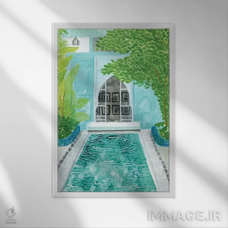 تابلو دکوراتیو ریاض آبی اثر کارولین چسیا - نمای قابدار سفید