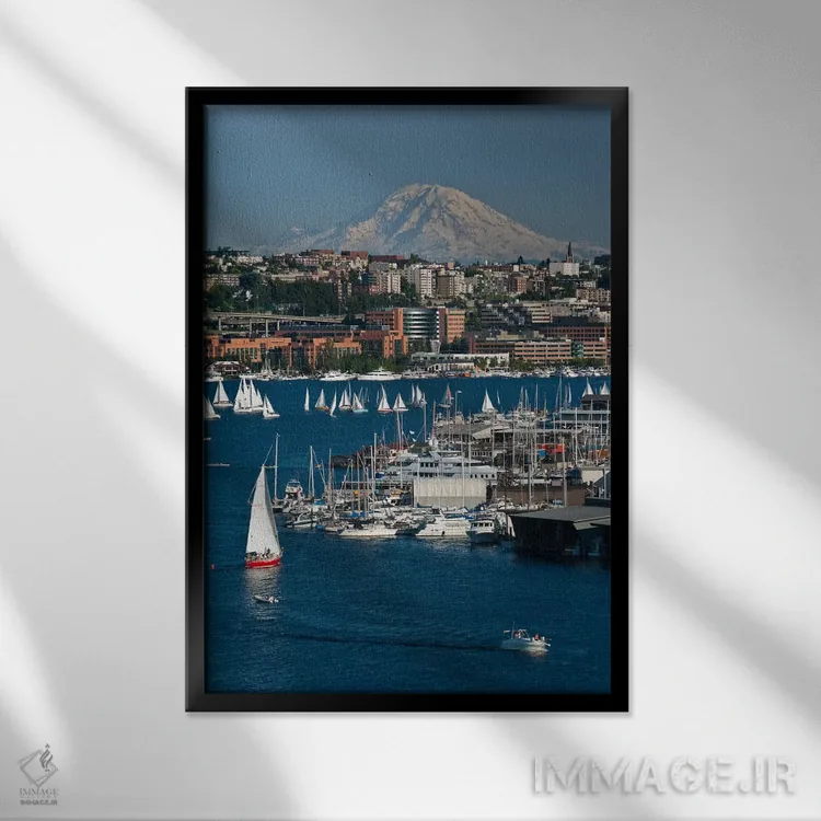 تابلو دکوراتیو Seattle, Washington, USA,محله ساوت لیک یونیون و کوه رینیر ا… اثر چارلز کراست - نمای قابدار مشکی