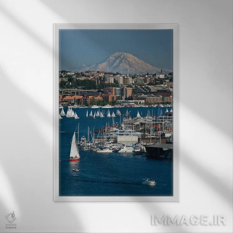 تابلو دکوراتیو Seattle, Washington, USA,محله ساوت لیک یونیون و کوه رینیر ا… اثر چارلز کراست - نمای قابدار سفید
