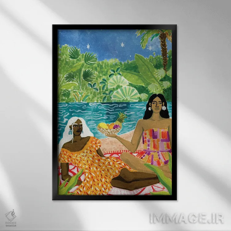 تابلو دکوراتیو بانوان کنار رودخانه اثر کارولین چسیا - نمای قابدار مشکی